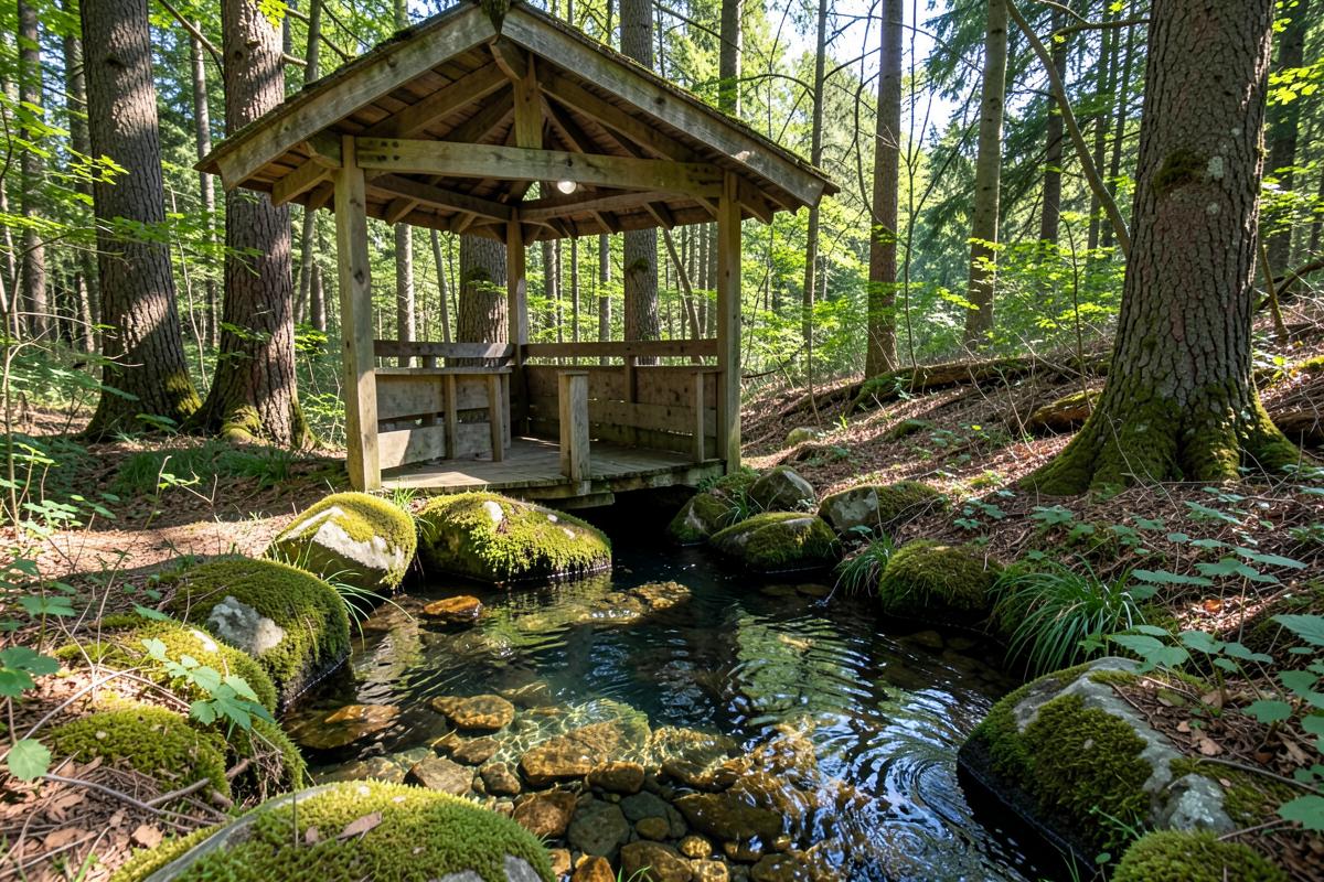 Lesní studánka s dřevěným přístřeškem
