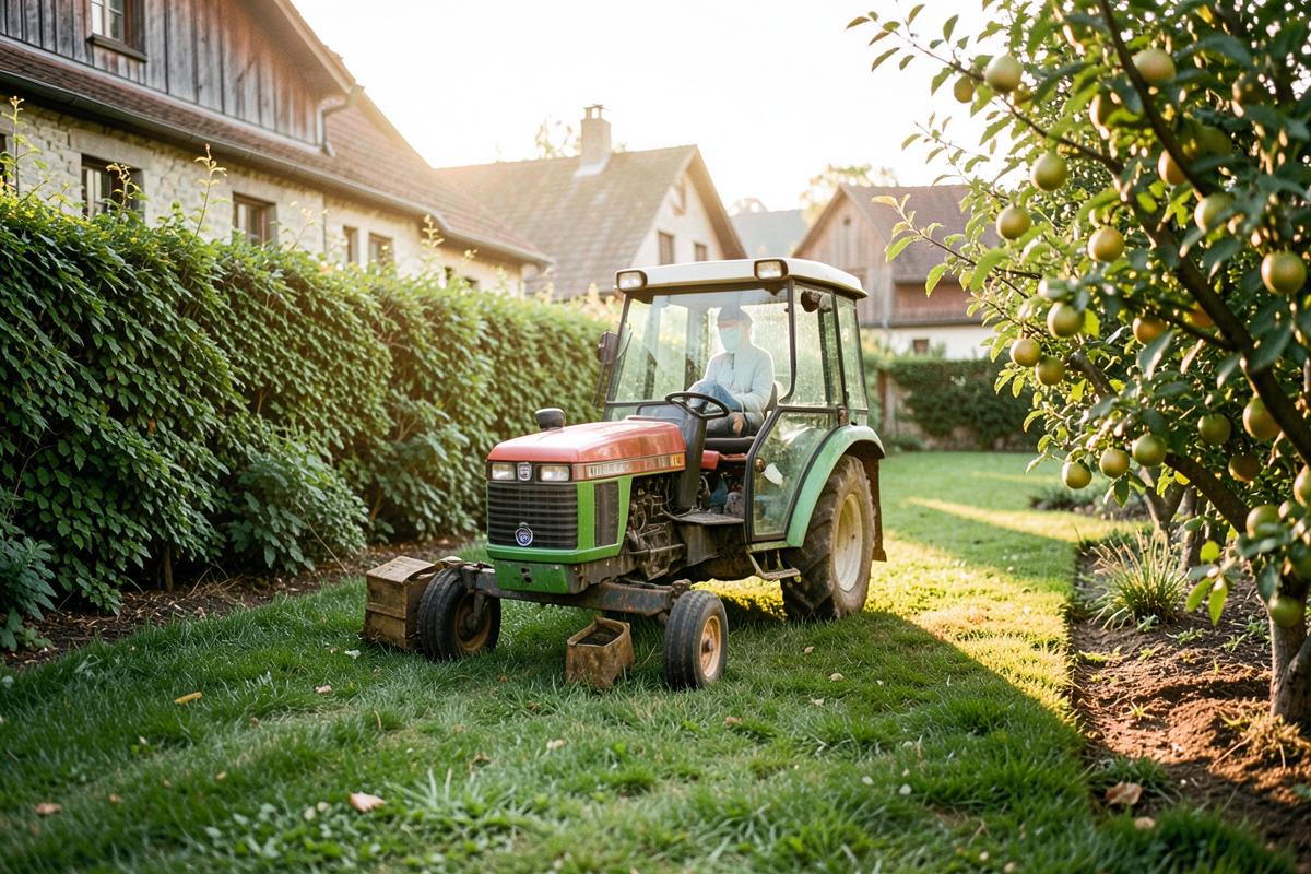 Malotraktor seká trávník u živého plotu a ovocných stromů ve vesnici